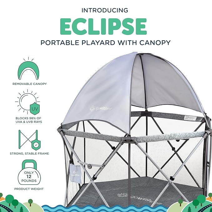 Baby Delight Go with Me Eclipse Deluxe Portable Playard | Playpen | Sun Canopy | Indoor and Outdoor | Ultra Padded Nylon Floor | Elephant Grey