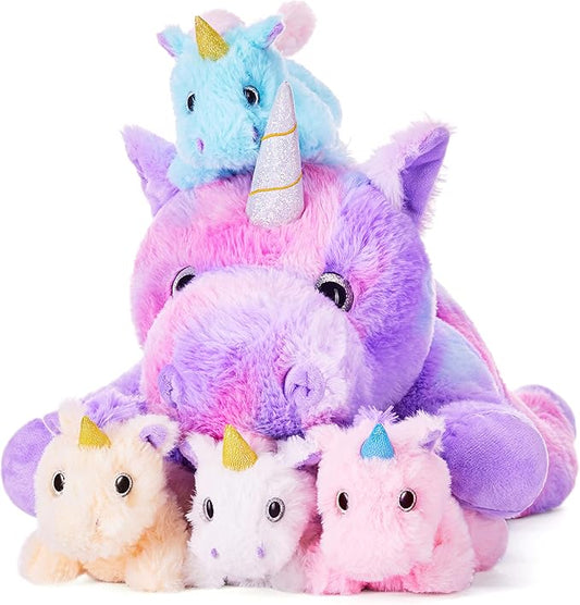 IKASA Mommy Unicorn Toys for Girls Age 4-6，Mom and Baby Stuffed Animal Plush Toy,Small Family Set Toy with Little Babies (Unicorn,18")