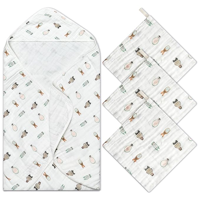 Zainpe 4Pcs Muslin Baby Hooded Towel & Washcloth Set Penguin 31.5 x 31.5 in