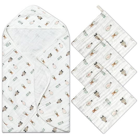 Zainpe 4Pcs Muslin Baby Hooded Towel & Washcloth Set Penguin 31.5 x 31.5 in