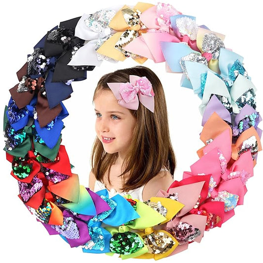 25PCS Hair Bows Clips, 4.5Inch Sequin Grosgrain Ribbon Bows
