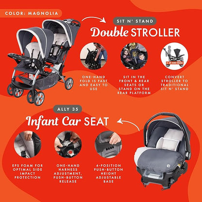 Baby Trend Infant and Toddler Double Stroller & 2 Car Seat Combo, 3 Pc Set, Magnolia - Portable and Lightweight Stroller Duo and Car Seat Travel System Tandem
