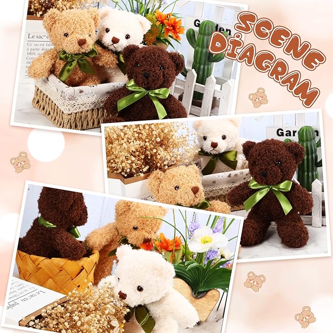 HyDren 6 Pcs Bears Bulk Stuffed Animal Small Bears Baby Shower Bears Plush Toys Employee Appreciation Easter Graduation Gifts(White, Brown