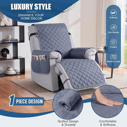TAOCOCO 100% Waterproof Recliner Covers, Recliner Sofa Covers with Leg Straps, Reversible Recliner Couch Cover for Reclining Chair, Washable Couch Protector for Pets Kids(1 Seater 22", Bluish Gray)