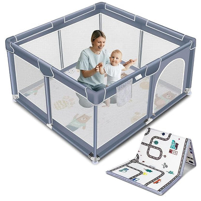 Suposeu Baby Playpen with Mat, Portable Baby Play Yard for Toddler, Safety Baby Gate playpen with Soft Breathable Mesh, Indoor and Outdoor, Large Kids Activity Centery (Grey)