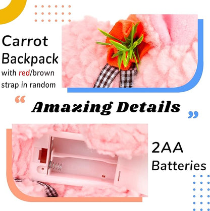 Hopearl Hopping Rabbit with LED Ears Carrot Backpack Interactive Plush Bunny Toy with Sounds Animated Walking Wiggle Light up Ears Twitch Nose Gift for Toddlers, Pink 7''