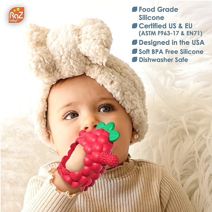 RaZbaby RaZberry Grip Silicone Teether Toy for 3M+ | Drop Resistant Hand Held Teether for Babies and Infants - Designed by Nature with Our Patented BerryBumps Multitextured Design 3M+, Red