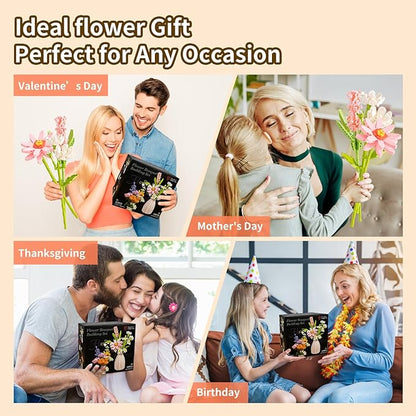 Flower Bouquet Building Blocks Set - Artificial Flowers with Gerbera for Home Decor, Unique Gift for Her or Him for Anniversary Valentine Birthday