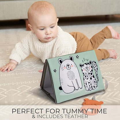 Soft Tummy Time Book w/ Large Stimulating Baby Safe Mirror - Fun High Contrast Montessori Toy w/ Mirror, Crinkle Filling & Silicone Teether