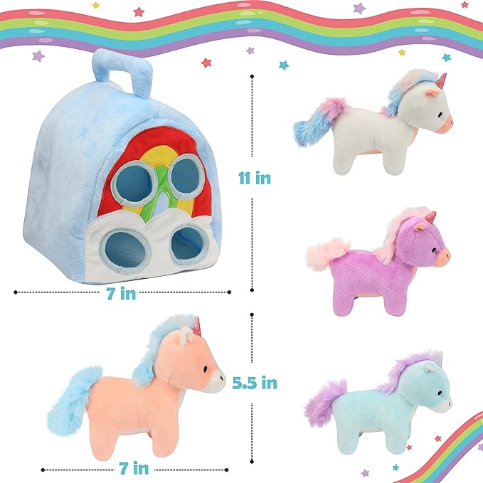 Hopearl Unicorn Plush Rainbow Bag with 4 Baby Unicorns Stuffed Animals Play Set Toy House with Handle Plush Toy Set Gifts for Girls Toddlers Age 3, 4 5, 6, 7, 8 11''