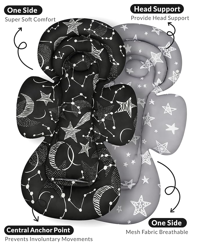 Infant Car Seat Insert with Extra Cushion for Preemie to Infants, Reversible Newborn Carseat Insert Head Support, Fits for Stroller, Baby Swing, Rocker, Bassinets, Pushchair (Black Star)