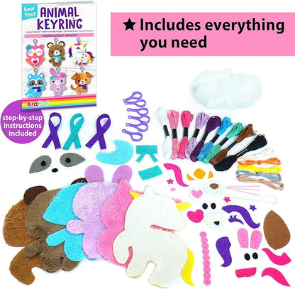 KRAFUN Unicorn Sewing Keyring Kit for Kids Age 7 8 9 10 11 12 Learn Art & Craft, Includes 6 Stuffed Animal Bear, Dog, Rabbit, Raccoon, Owl Dolls, Instruction & Felt Materials