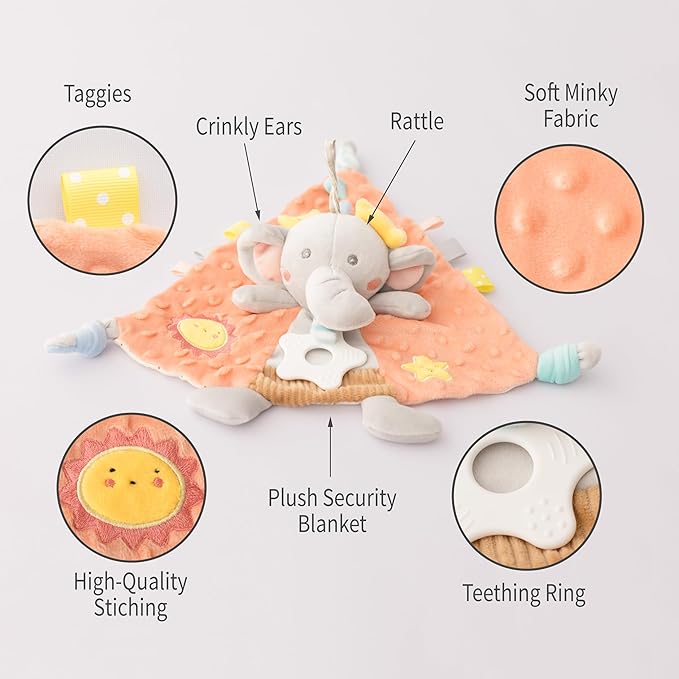 KoKo The Elephant Baby Activity Blanket with Taggies, Teething Star and Crinkly Ears