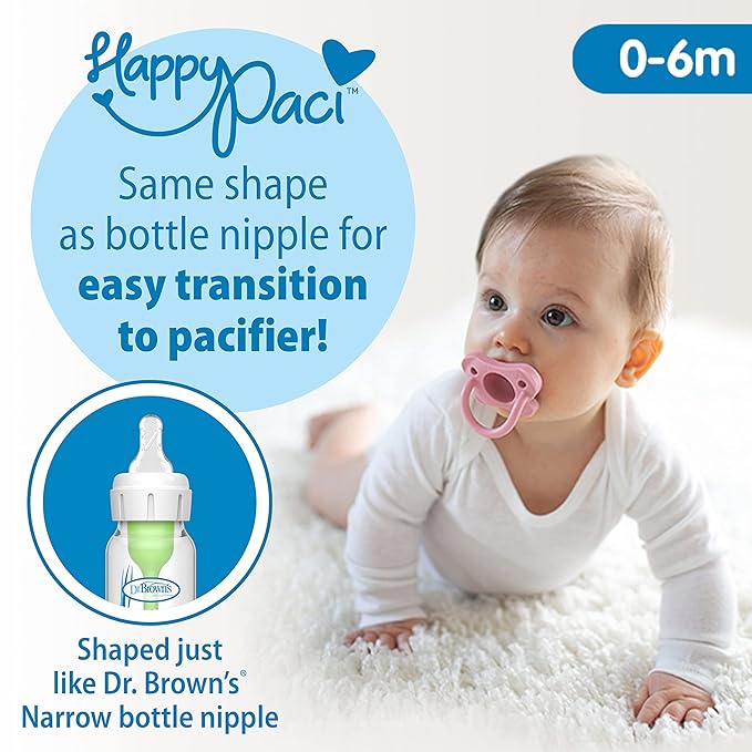 Dr. Brown's HappyPaci 100% Silicone Baby Pacifier, Contoured One-Piece Design 0-6m, BPA-Free, 3 Pack