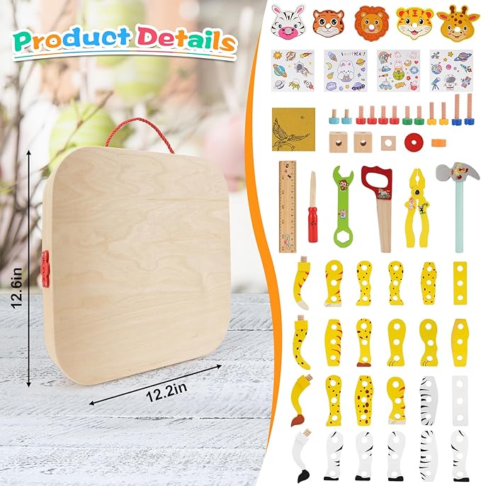 Wooden Animal Tool Box for Kids, Contains Stickers, Screws, Assembly Tools, Animal Building Blocks, Children's Montessori Building Block Assembly Toy, Ideal Gift for Boys and Girls 3，4，5，6