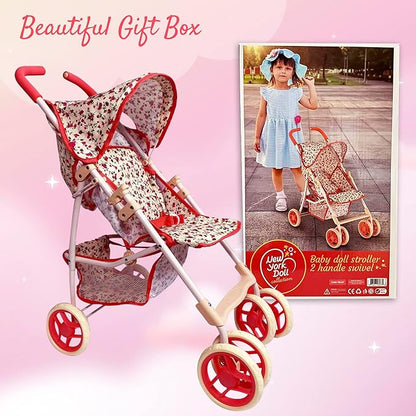 Baby Doll Stroller for Toddler Girls & Big Kids up to 8 Years Old | 28” Baby Stroller for Dolls, Toy Baby Stroller with Cute Coral Floral Print