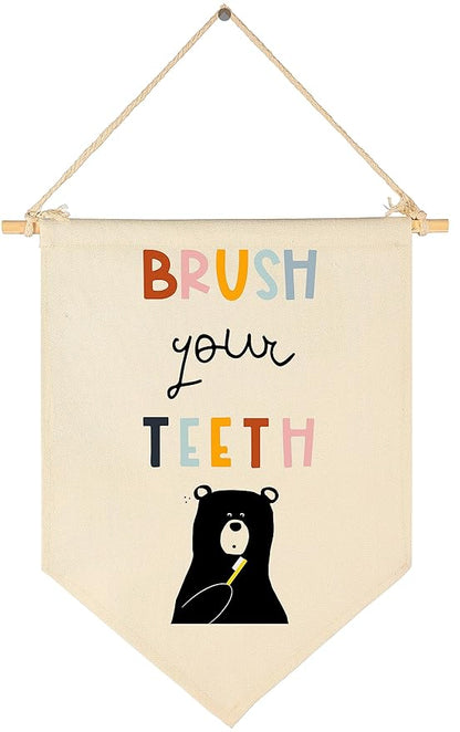 Brush Your Teeth - Bathroom Wall Decor for Kids- Bear Theme Decor- Children Learning Sign- Flag Decor Gift For Kids Boys Girls