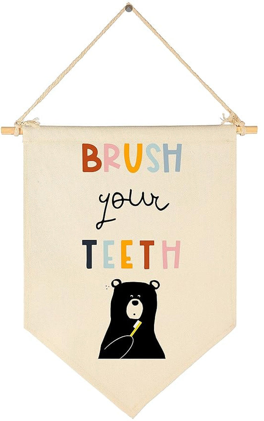 Brush Your Teeth - Bathroom Wall Decor for Kids- Bear Theme Decor- Children Learning Sign- Flag Decor Gift For Kids Boys Girls