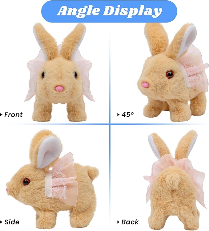 Hopearl Hopping Rabbit with Dress Interactive Electronic Pet Plush Bunny Toy with Sounds and Movements Animated Walking Wiggle Ears Twitch Nose Gifts for Toddlers Birthday, Brown 7''
