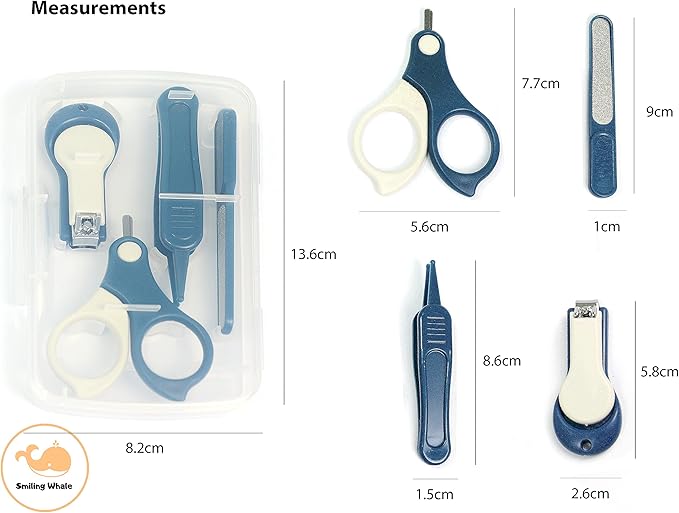 4-in-1 Premium Baby Grooming Kit by The Smiling Whale, Baby Manicure Pedicure Set for Newborn Infant & Toddler, Nail Trimmer, Nail Clipper, tweezer, Scissors (4 pcs) (Dark Blue)