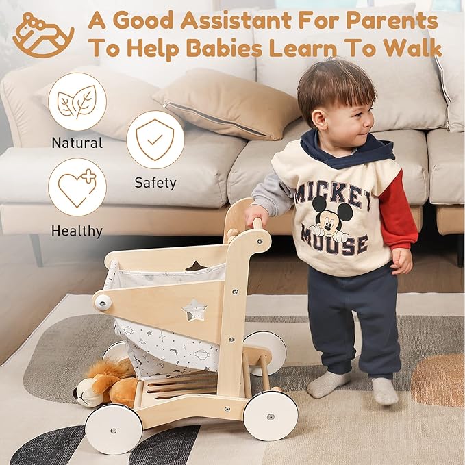 Wooden Baby Walker Doll Stroller | Adjustable Speed Shopping Cart for Toddlers 1-3