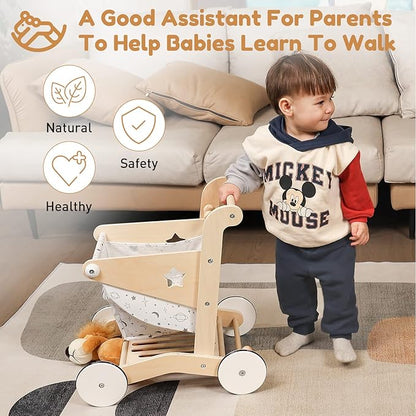 Wooden Baby Walker Doll Stroller | Adjustable Speed Shopping Cart for Toddlers 1-3