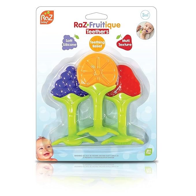 RaZbaby Infant & Baby Massager & Teether Toy 3-Pack, Fruit-Shaped Multi-Texture Teethers Soothe Sore Gums 3M+