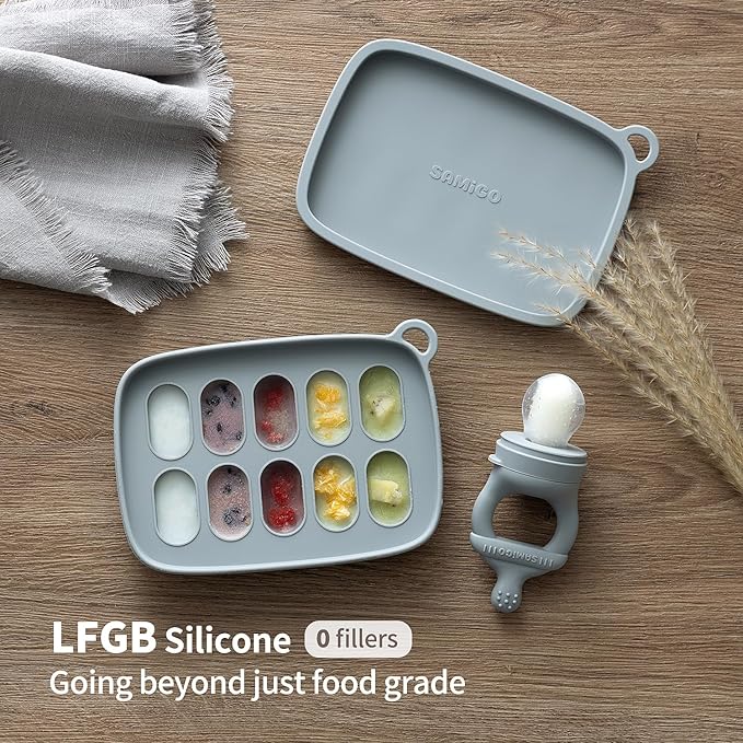 SAMiGO Baby Food Fruit Feeder and Breastmilk Popsicle Mold Set, Silicone Fruit Teether 4 Months+