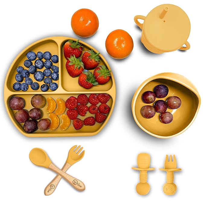 O'doe 17-Piece BPA-Free Silicone Baby Feeding Set | Thick & Soft Suction Plates, Baby Bowls, Wooden Fork & Spoon, and More | Make Mealtime Fun and Easy for Your Little One (Yellow, V2)