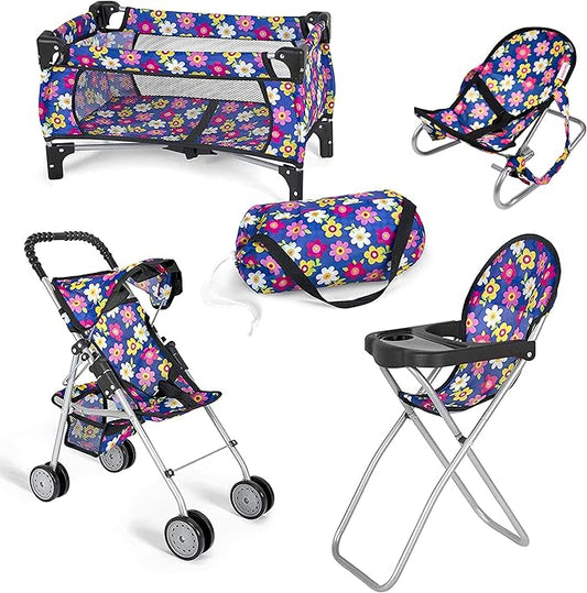 fash n kolor 4 Piece Baby Doll Play Set Flower Design includes - Pack N Play, Baby Doll Stroller 18'' Doll 4 Piece