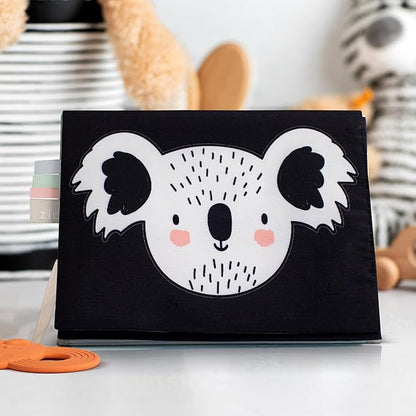 Soft Tummy Time Book w/ Large Stimulating Baby Safe Mirror - Fun High Contrast Montessori Toy w/ Mirror, Crinkle Filling & Silicone Teether
