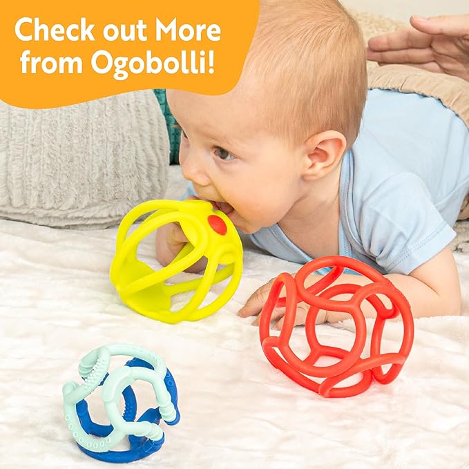OgoBolli Teether Ring Tactile Sensory Ball and Baby Rattle Toy for Babies & Toddlers - Stretchy, Squishy 6+ Months