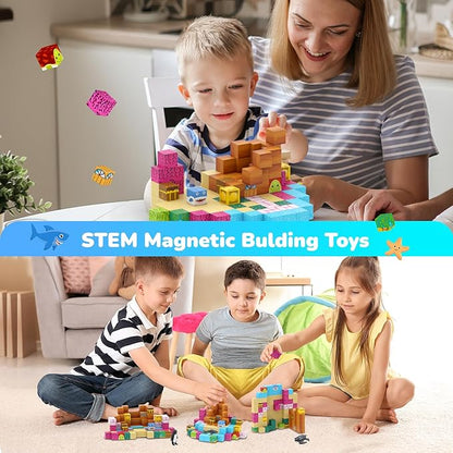 Magnetic Blocks 110PCS with 6 Animal Toys, Ocean Building Blocks Set, Toys for Boys & Girls Age 6-8, STEM Montessori Stacking Building Toys for Toddlers Sensory Toy for Kids 6+