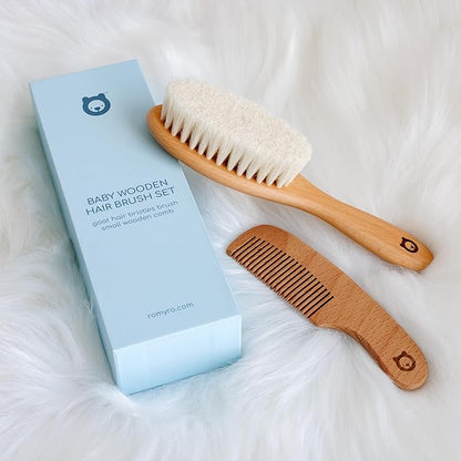 Wooden Hair Brush & Comb Set for Newborns & Toddlers - Ultra Soft Natural Goat Hair and Wood - Chic Gift Box (Oval Brush + Comb)