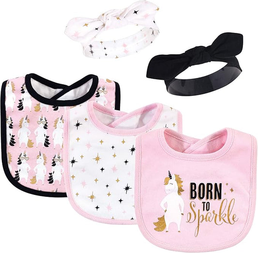 Hudson Baby Unisex BabyCotton Bib and Headband or Caps Set