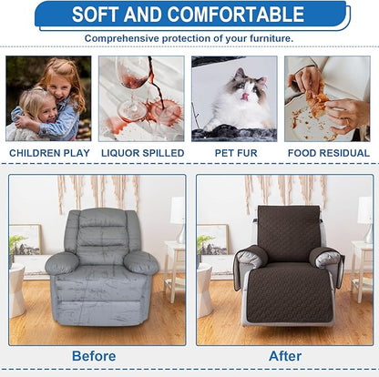 100% Waterproof Recliner Chair Covers, Anti-Slip Recliner Cover, Washable Recliner Slipcover with Pocket, Elastic Straps for Pets, Dogs, Brown