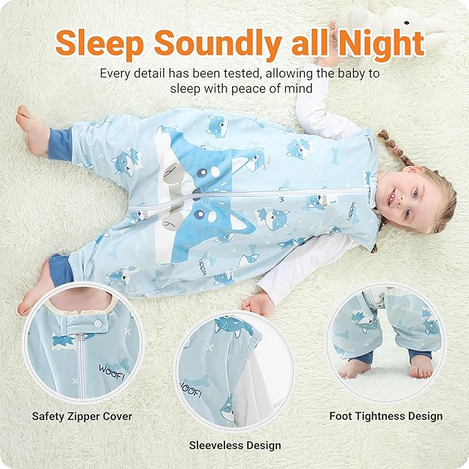 Infant Toddler Sleeping Bag, Baby Sleeping Sack Sleeveless 4 Season 1-3T, Dog