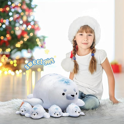 IKASA Mommy Seal Stuffed Animal Mom and Baby Plush Toy, Cute 16" Soft Small Mama Family Set Cuddly Toy with Little Mini Babies