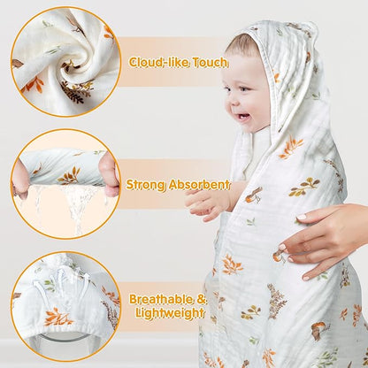Zainpe 4Pcs Muslin Baby Hooded Towel & Washcloth Set Leaves 31.5 x 31.5 in