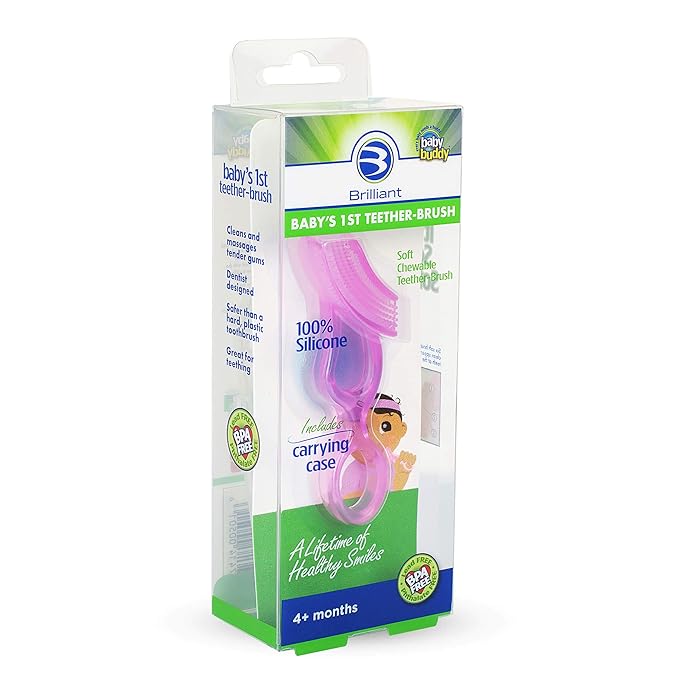 Brilliant Oral Care Baby?Ös First Toothbrush, Smooth Silicone Bristles Gently Clean Tender Teeth and Gums 4+ Months, 1 Pack