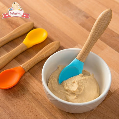Babynow Bamboo Baby Spoons Self-Feeding Supplies for 6+ Months Babies & Toddlers in Bamboo & Soft Tip Designs ORANGE Pack of 2