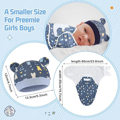 Buryeah 4 Pack Preemie Swaddle Blanket Wrap Set with Hat for Baby Boys Girls 3-7 Lbs Preemie Newborn Clothes Sleepers Cap