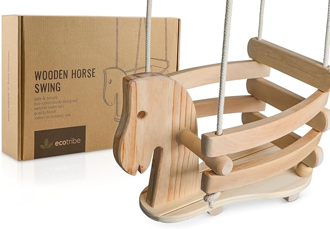 Wooden Horse Baby Swing for Outdoor Porch or Patio. Wood