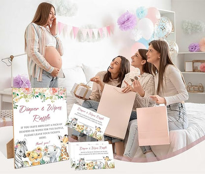 Diapers Wipes Raffle, Floral Animals Diaper Raffle Tickets for Baby Shower 1 Wooden 50 Diaper