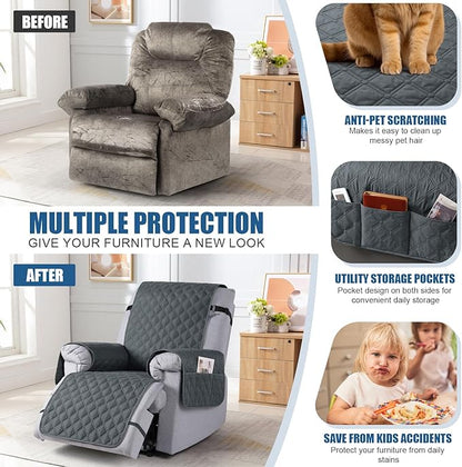 TAOCOCO 100% Waterproof Recliner Covers, Recliner Sofa Covers with Leg Straps, Reversible Recliner Couch Cover for Reclining Chair, Washable Couch Protector for Pets Kids(1 Seater 22", Dark Gray)