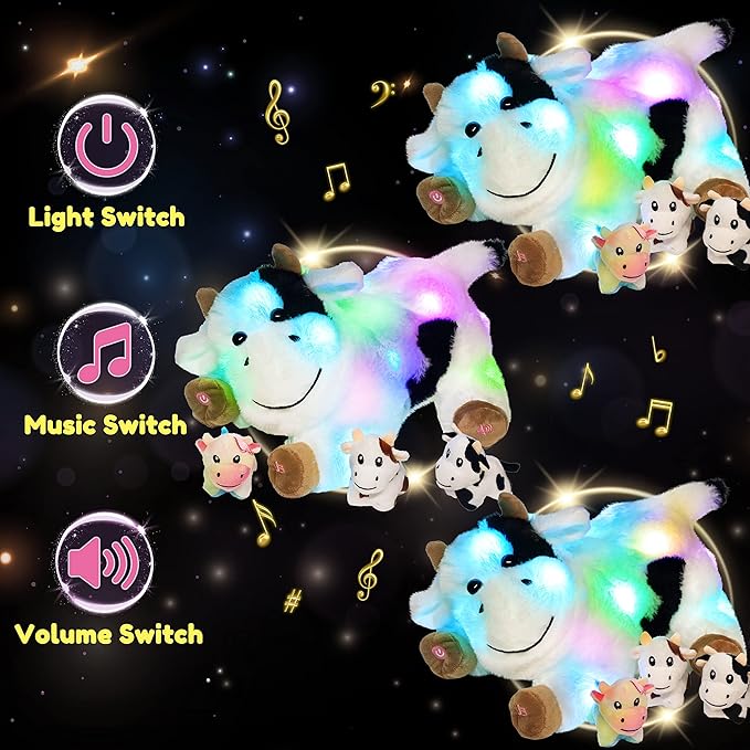 Hopearl LED Musical Stuffed Cow Lighting Up Singing Plush Toy 3 Baby 15''