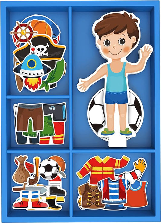 Toysters Magnetic Wooden Dress-Up Boy Doll Toy | Pretend Play Set Includes: 1 Wood Doll with 30 Assorted Costume Dress Ideas 3+ (PZ650)