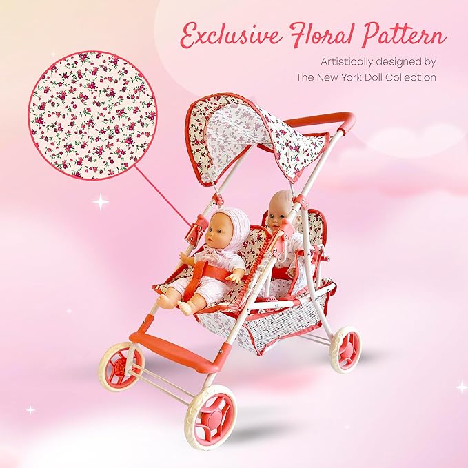Double Doll Stroller for Baby Dolls Twin Dolls | Toy Doll Stroller for Toddlers, 4 Year Old 5 Year 8 Year 25” Tandem