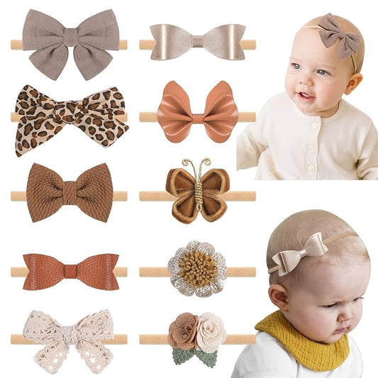 Baby Bows 10PCS Stretchy Nylon Headbands for Baby Girls, Handmade