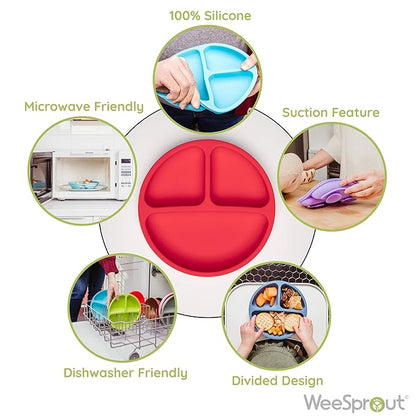 WeeSprout Suction Plates for Babies With Lids & Toddlers - 100% Silicone, Dinnerware Stays Put, Divided Design for Picky Eaters, Microwave & Dishwasher Friendly, 3 Pack